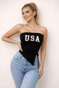 All-American asymmetry tube top in black featuring a patriotic graphic print and triangle hem design