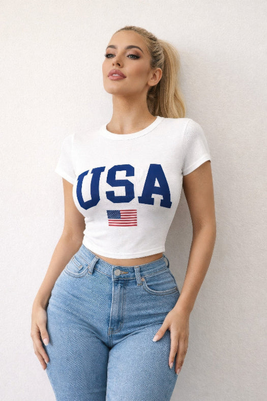 Women's white USA graphic tee with short sleeves, crew neckline, and stretch cotton fabric