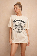 Women's American Motorcycle graphic tee with boxy silhouette, crew neckline, and short sleeves