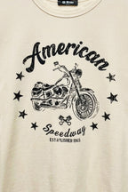 Women's American Motorcycle graphic tee with boxy silhouette, crew neckline, and short sleeves