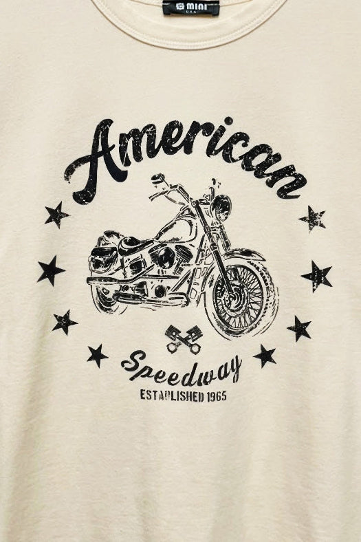 Women's American Motorcycle graphic tee with boxy silhouette, crew neckline, and short sleeves
