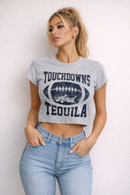Touchdowns and Tequila graphic crop tee in grey featuring football-inspired game day graphic design