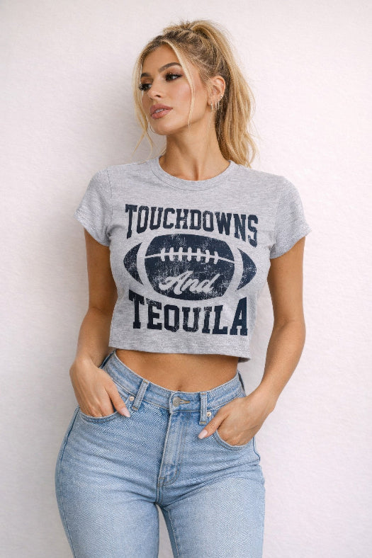 Touchdowns and Tequila graphic crop tee in grey featuring football-inspired game day graphic design