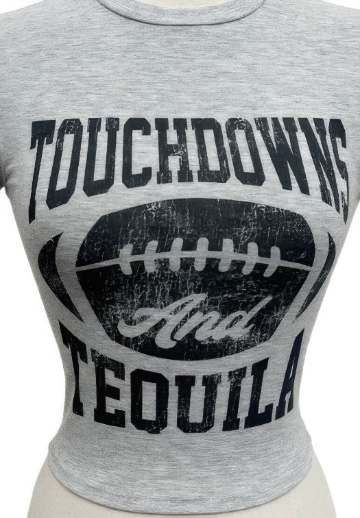 Touchdowns and Tequila graphic crop tee in grey featuring football-inspired game day graphic design