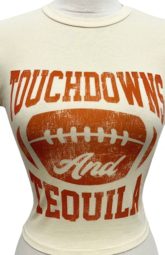Touchdowns and Tequila graphic crop tee in white/cream with football-inspired game day design