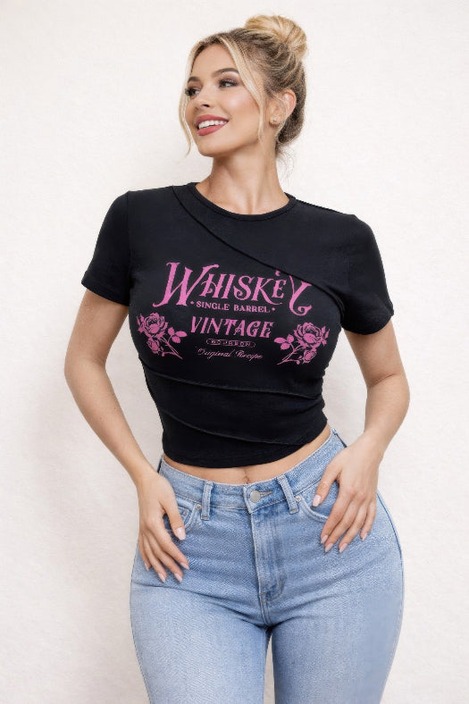 Black Whiskey Vintage graphic crop top with asymmetrical hem and short sleeves