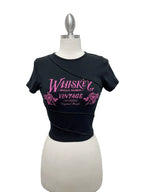 Black Whiskey Vintage graphic crop top with asymmetrical hem and short sleeves
