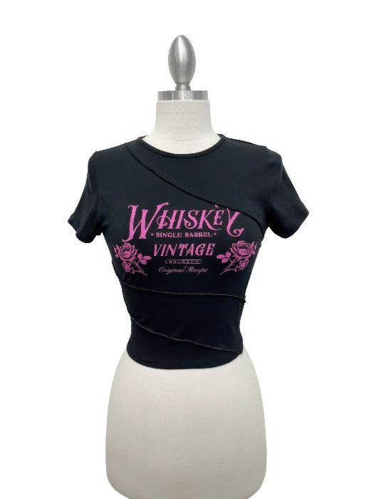 Black Whiskey Vintage graphic crop top with asymmetrical hem and short sleeves