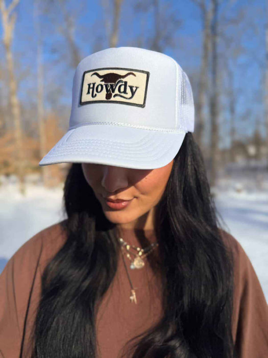 Howdy BullSkull Patch Foam Trucker Hat in White
