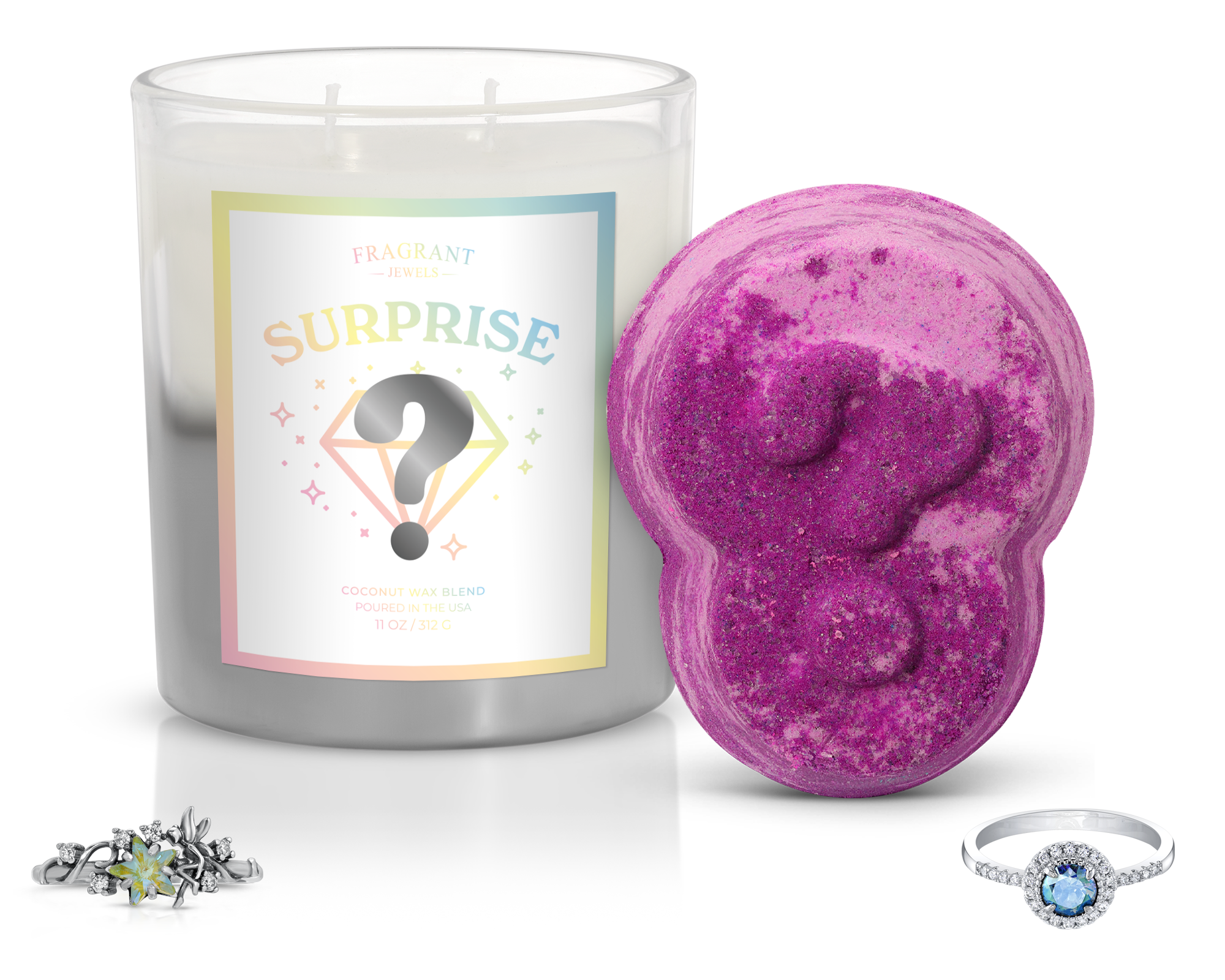Surprise Candle & Bath Bomb Gift Set with 2 Hidden Rings | Fragrant Jewels Mystery Box