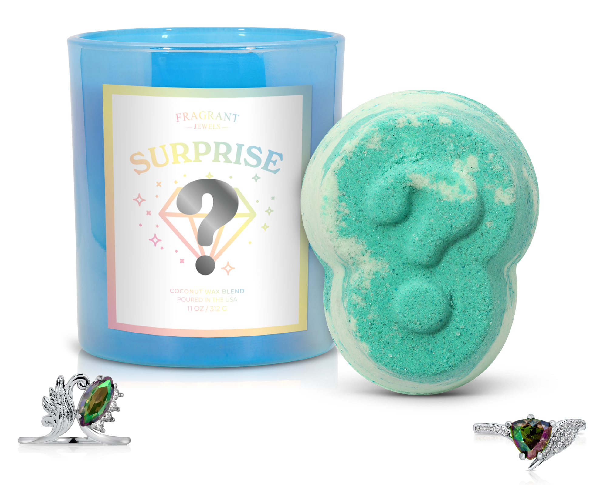 Surprise Candle & Bath Bomb Gift Set with 2 Hidden Rings | Fragrant Jewels Mystery Box