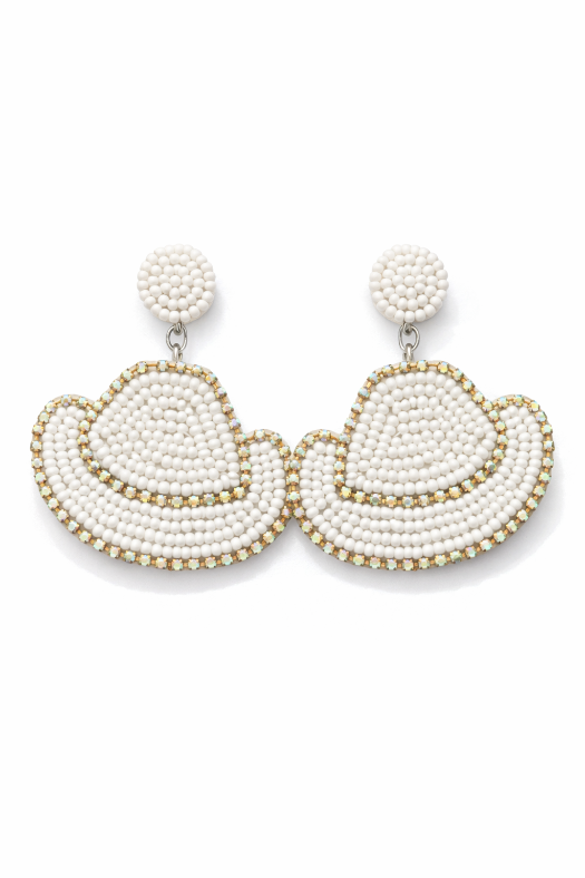 Stardust Beaded Cowgirl Hat Earrings in white