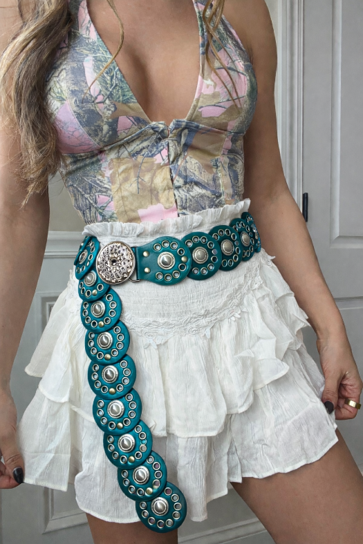 Bronco Chaser Disc Buckle Belt in Teal 