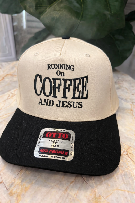 Running on coffee and jesus trucker hat in Black/Ivory