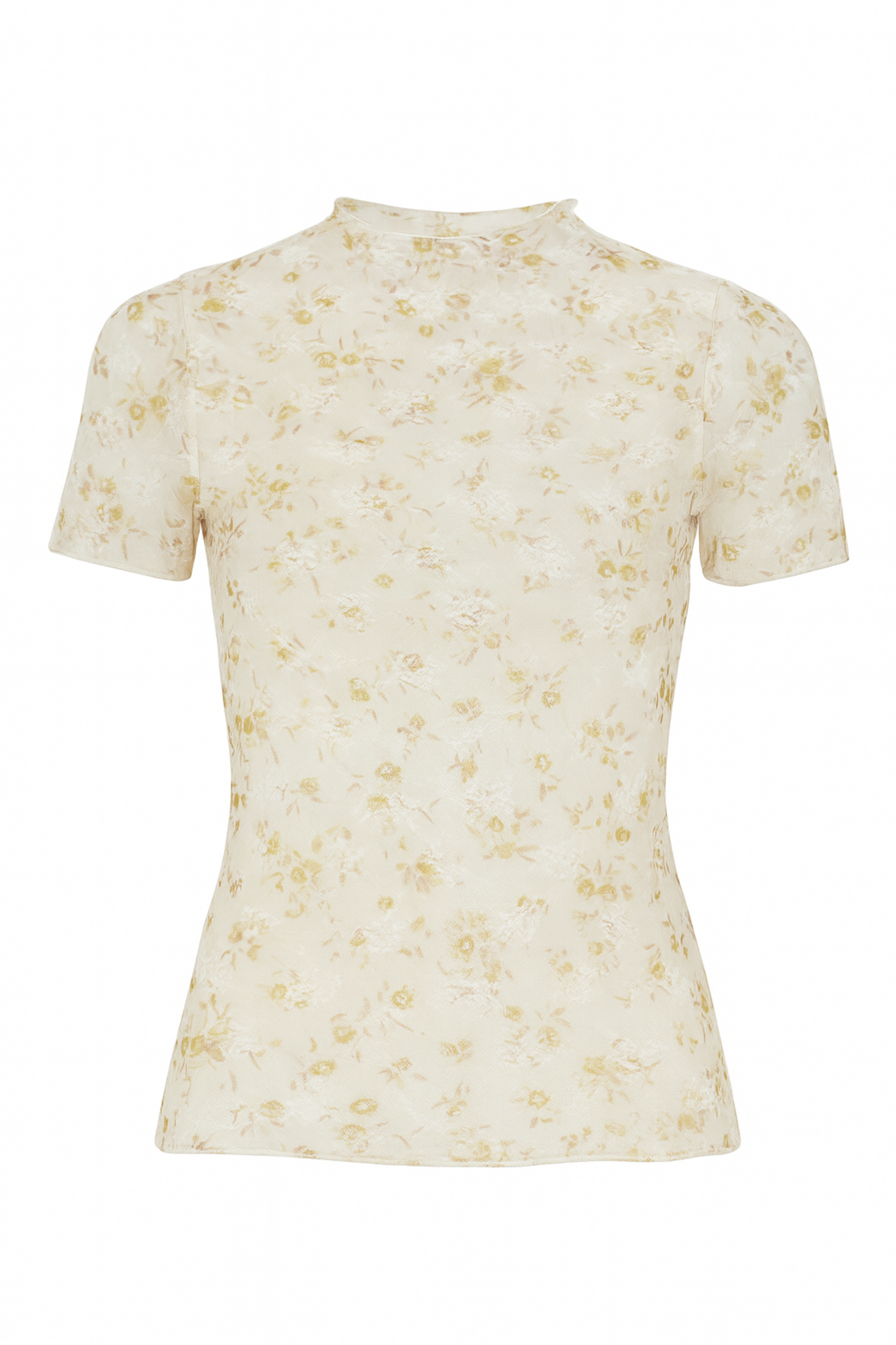 Davi & Dani Floral Mesh Mock Neck Short Sleeve Top