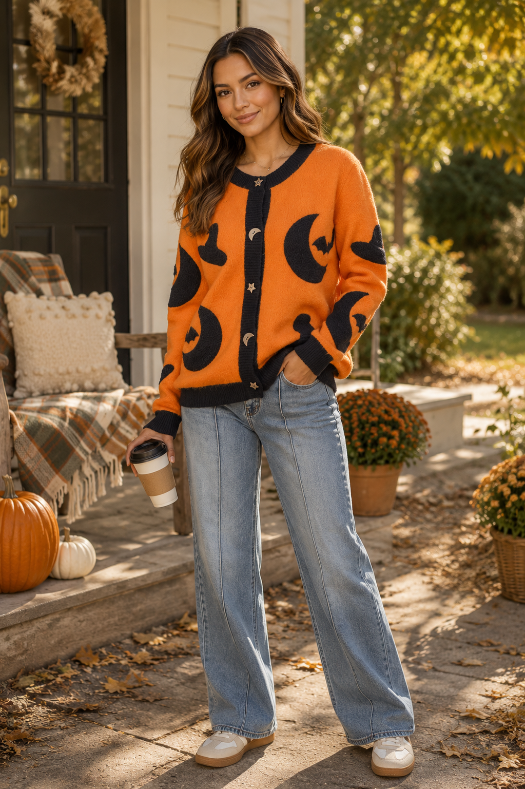 Audrey is wearing BiBi Halloween Witch Hat Cardigan – Moon Bat Spooky Sweater