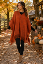 Audrey is wearing Paisley Pattern Fringe Poncho for Women | Boho Lightweight Wrap Shawl One Size