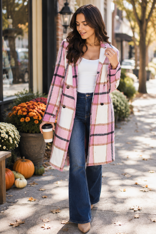 Double Take Plaid Button Up Lapel Collar Coat for Women | Full Size Pink Check Longline Jacket