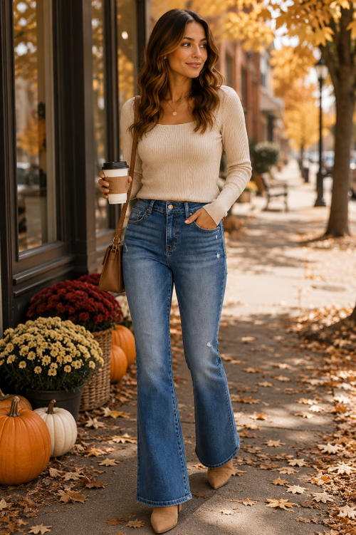 Audrey is wearing Bytos High Rise Bootcut Jeans – Stretch Denim with Pockets