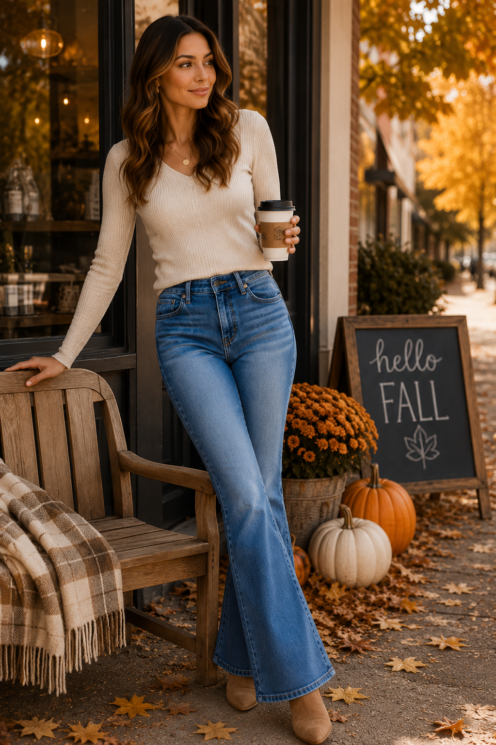 Audrey is wearing Bytos Mid Rise Bootcut Jeans – Cat’s Whiskers Stretch Denim