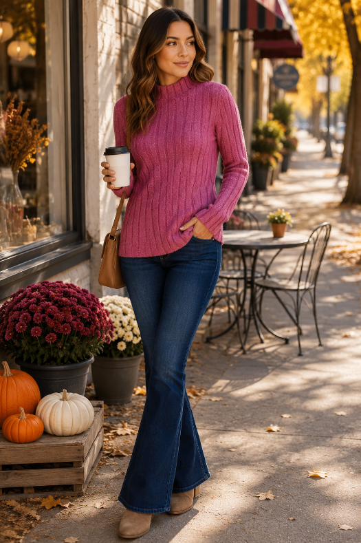 Audrey is wearing Basic Bae Ribbed Mock Neck Long Sleeve Tee – Full Size Fit Everyday Essential