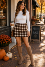 Audrey is wearing And The Why Plaid Mini Skirt – Brushed High Waist Fall & Winter Skirt
