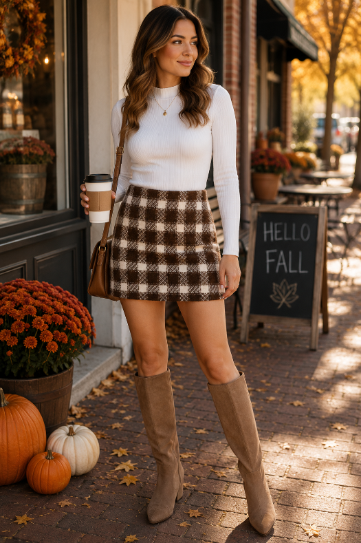 Audrey is wearing And The Why Plaid Mini Skirt – Brushed High Waist Fall & Winter Skirt