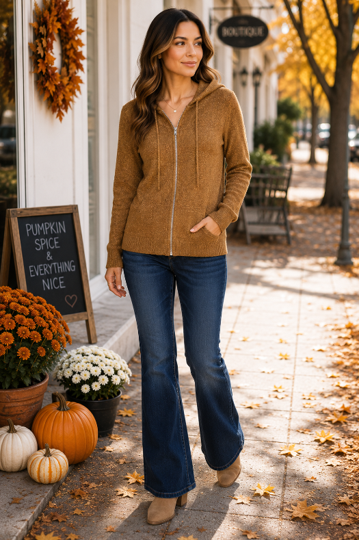 Audrey is wearing Zenana Camel Hooded Zip-Up Cardigan for Women | Soft Knit Lightweight Sweater Jacket