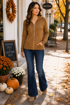Audrey is wearing Zenana Camel Hooded Zip-Up Cardigan for Women | Soft Knit Lightweight Sweater Jacket