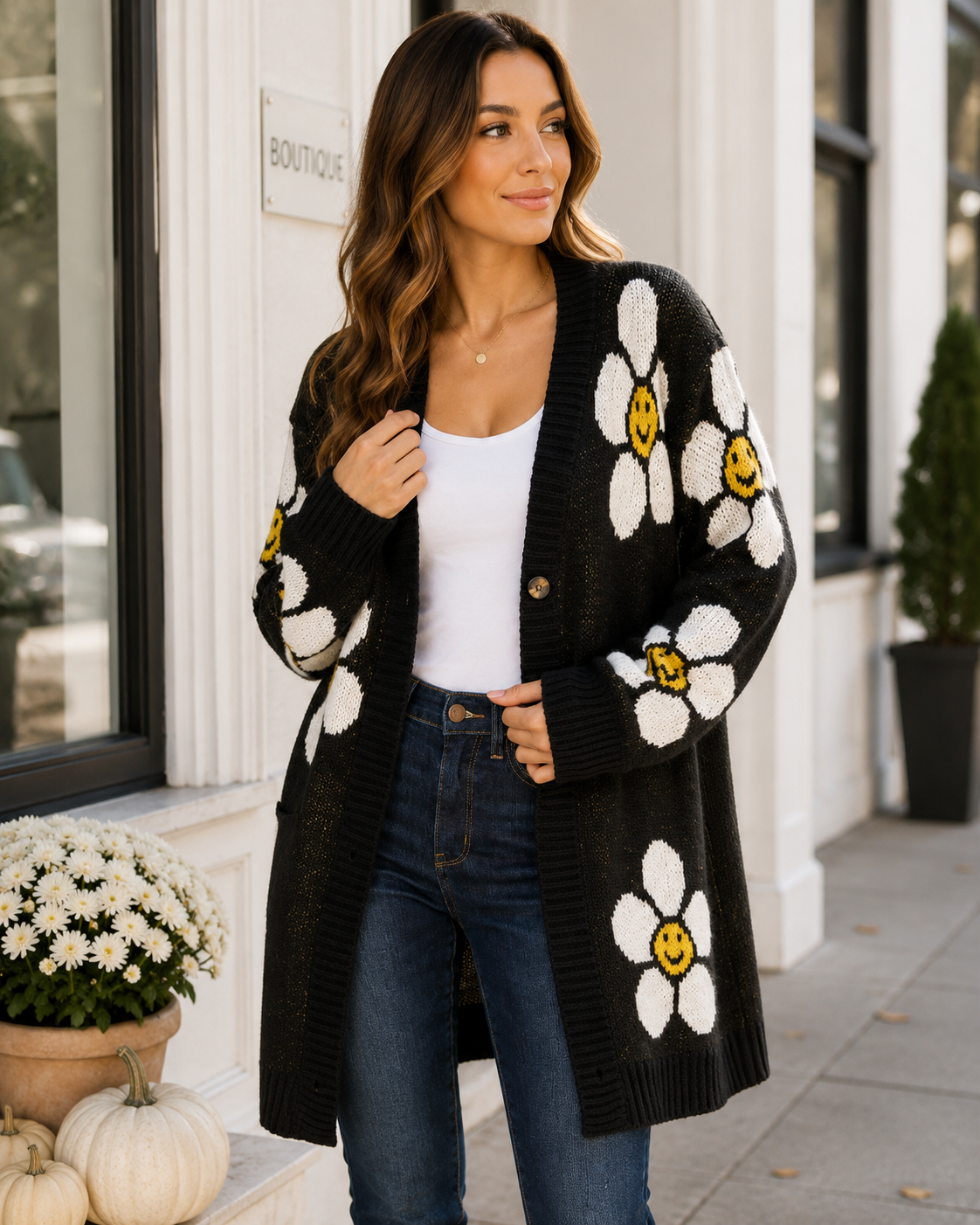 Adrey is wearing Perfee Floral Button Down Longline Cardigan for Women | Elegant Ribbed Knit Sweater