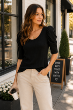 Audrey is wearing BiBi Rib Knit Puff Sleeve Top – Variegated Short Sleeve Blouse
