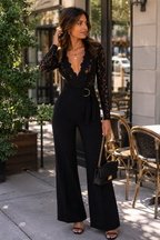 Audrey is wearing a Black Lace Crochet Long Sleeve Jumpsuit | Elegant Wide Leg Evening Jumpsuit