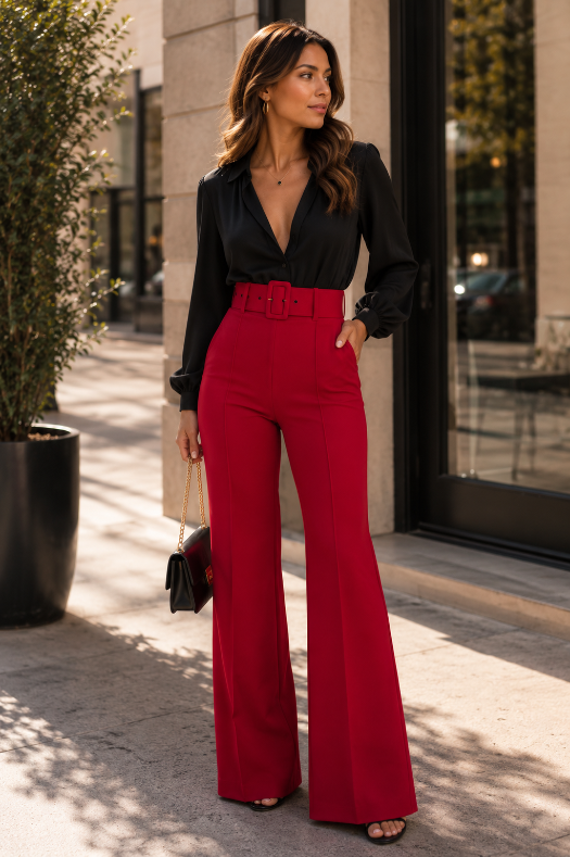 Red High Waist Flared Pants with Buckle Belt | Women's Dress Pants
