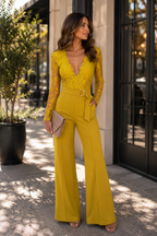 Audrey is wearing a Yellow Lace Crochet Long Sleeve Jumpsuit | Elegant Wide Leg Evening Jumpsuit 