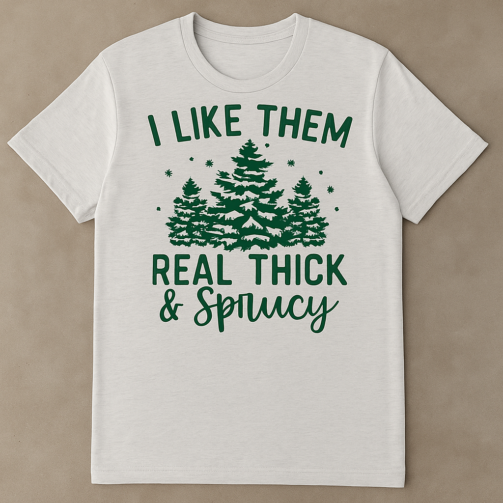 I Like Them Real Thick & Sprucy Christmas Shirt – Funny Holiday Tee | Bella + Canvas 3001 Unisex Christmas Tree T-Shirt
