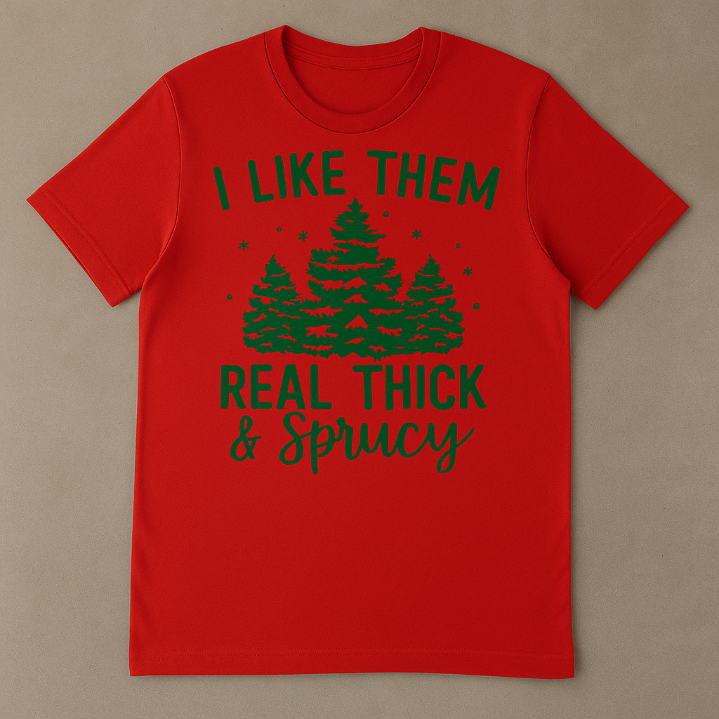 I Like Them Real Thick & Sprucy Christmas Shirt – Funny Holiday Tee | Bella + Canvas 3001 Unisex Christmas Tree T-Shirt