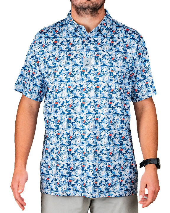 Men’s Coca-Cola golf polo from the official Coca-Cola x Pins & Aces collaboration featuring a blue and white all-over print with red accents and an athletic performance fit.