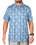 Men’s Coca-Cola golf polo from the official Coca-Cola x Pins & Aces collaboration featuring a blue and white all-over print with red accents and an athletic performance fit.