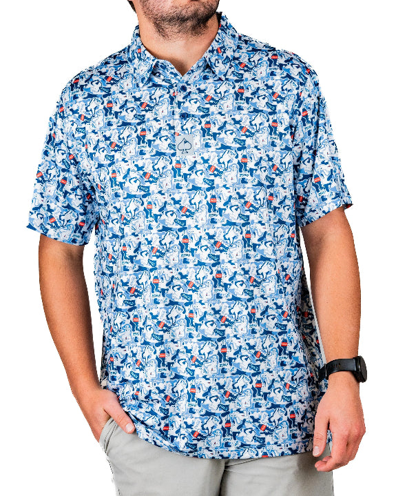 Men’s Coca-Cola golf polo from the official Coca-Cola x Pins & Aces collaboration featuring a blue and white all-over print with red accents and an athletic performance fit.