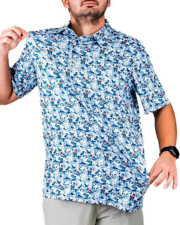 Men’s Coca-Cola golf polo from the official Coca-Cola x Pins & Aces collaboration featuring a blue and white all-over print with red accents and an athletic performance fit.