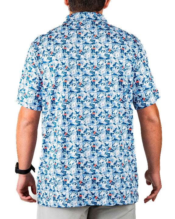 Men’s Coca-Cola golf polo from the official Coca-Cola x Pins & Aces collaboration featuring a blue and white all-over print with red accents and an athletic performance fit.