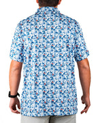 Men’s Coca-Cola golf polo from the official Coca-Cola x Pins & Aces collaboration featuring a blue and white all-over print with red accents and an athletic performance fit.