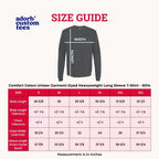 Size guide for a long-sleeve t-shirt with measurements and tolerances, branded 'adorb custom tees'.