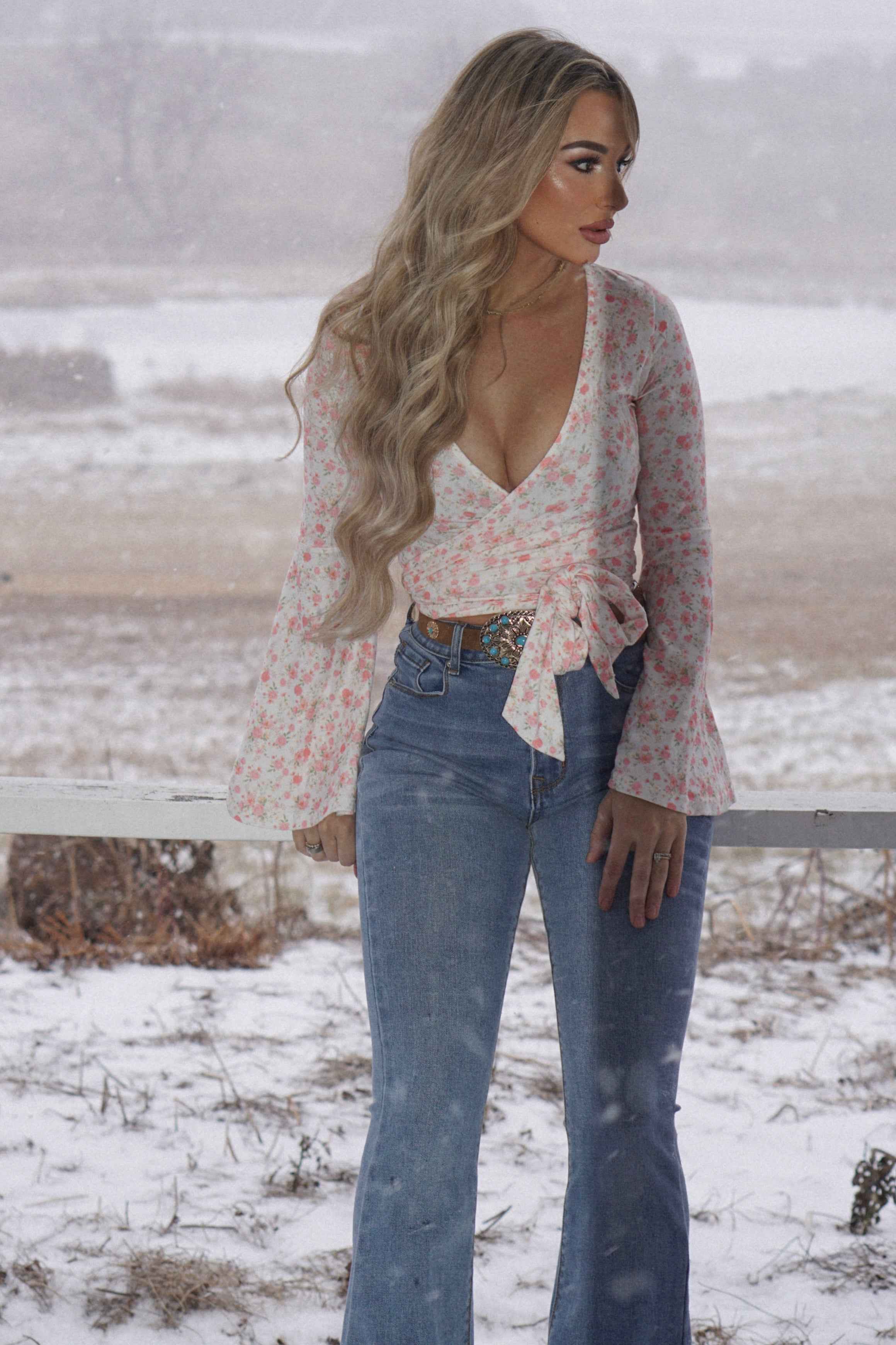 Woodstock Floral Bell Sleeve Wrap Top – Boho V Neck Blouse - 14 Color Options