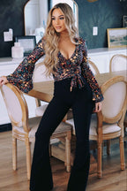 Woodstock Floral Bell Sleeve Wrap Top – Boho V Neck Blouse - 14 Color Options