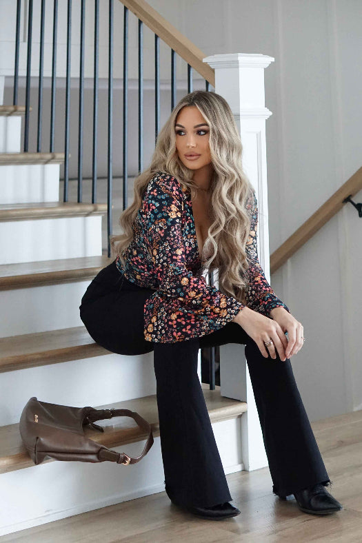 Fiona High Waisted Bell Bottom Flare Jeans – Black Stretch Denim