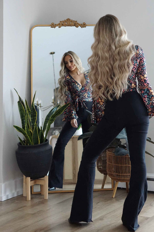 Fiona High Waisted Bell Bottom Flare Jeans – Black Stretch Denim