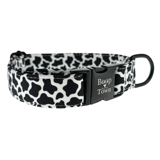 Spotted Cow Dog Collar – Adjustable Cotton Pet Collar with Gold Hardware