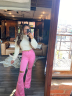 Farrah Flares High Waisted Flare Jeans – Stretch Denim in Pink