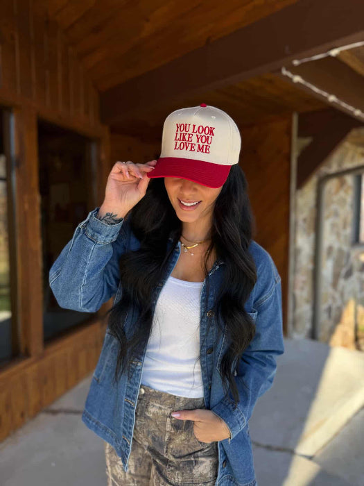 You Look Like You Love Me Trucker Hat – Flirty Snapback Hat in Red/Khaki